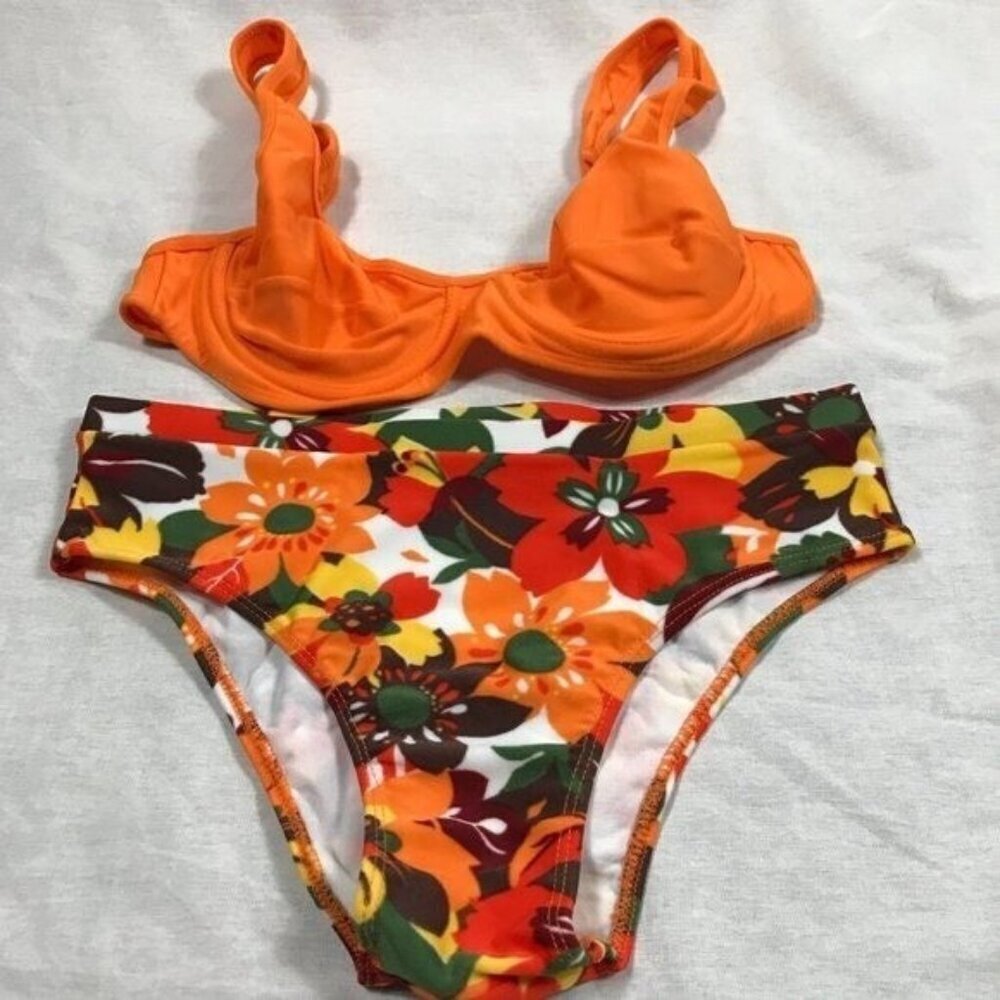 Recco Size Medium Brazilian Orange Underwire Top & Floral Bikini Bottom. New